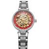 BOLYTE Orologio da donna automatico e manuale, quadrante scheletrato, fondello trasparente, cinturino in acciaio inox tempestato di cristalli con chiusura a farfalla, Argento - Rosso, Moderno