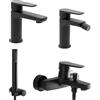 Inbagno Set miscelatori lavabo bidet e vasca con kit doccia nero opaco in ottone, piletta di scarico e kit con laccio supporto e doccetta, serie ERIKA