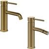 RUBINETTERIA Miscelatore Monocomando Bagno Serie Jazz QuickInstall Piletta Click Clack Leva in Metallo Cartuccia Ceramica Design Moderno Oro Matt Satinato Spazzolato (Coppia Lavabo Bidet)