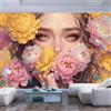 JIAOQSS Stacca e Attacca Carta da parati 3D Fotomurale camere letto cucine soggiorni fotomurali premium stile 3D Parete Da Dei Murale Moderna Gigante il fondo del salone Fiori viso donna