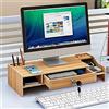 MINRS Supporto per monitor in legno, supporto per schermo ergonomico, supporto per laptop e stampante con cassetto con serratura, supporto per desktop con supporto per smartphone per monitor PC