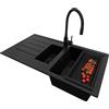 PRIMAGRAN Lavandino da Cucina Tutto Nero 90x50cm, Lavello in Granito a 1,5 vasche + Rubinetto 40x38cm + Set di accessori, Lavabo da Cucina Incasso al Mobile 60cm - Copenhagen Duo S078