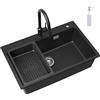CECIPA Lavello Cucina Nero con Arco Alto Rubinetto Estraibile, 70 x 45 cm Lavandino Cucina 1 vasca in Granit con Dispenser Sapone e Cestello Scarico, Incasso al mobile 80cm, con Sifone