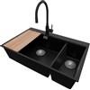 PRIMAGRAN Lavandino da Cucina Nero 78x50cm, Lavello in Granito a 2 vasche + Rubinetto 40x38cm + Set di accessori, Lavabo da Cucina Incasso al Mobile 80cm - Oslo Duo Top S099