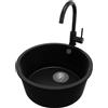 PRIMAGRAN Lavandino da Cucina Nero 46x46cm, Lavello in Granito a 1 vasca + Rubinetto 32x20cm + Set di accessori, Lavabo da Cucina Incasso al Mobile 50cm - La Valletta Slim S011