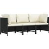 vidaXL Divano da Giardino a 3 Posti con Cuscini in Polyrattan Nero