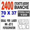 Agendepoint.it - Etichette Adesive Bianche 70x37 100 Fogli In A4 2400 Etichette Stampa Laser E Inkjet
