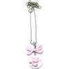 Handmade Collana lunga con gatto rosa su disco bianco e fiocco