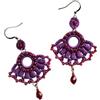 Handmade Orecchini fatti a mano all'uncinetto viola a ventaglio con perline rosse, made in Italy