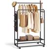 SONGMICS HOME Stand Appendiabiti, Attaccapanni in Metallo con Ruote, 2 Barre Appendiabiti, Tasche Laterali, Ripiano, Ganci a Forma di Fiammifero, Nero Inchiostro HSR171B01
