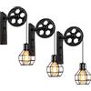 iDEGU Applique da parete Vintage, Lampada da Parete Interno Stile Puleggia E27 Plafoniera in Legno e Ferro Regolabile Lampada Sospensione per Soggiorno, Ristorante, Bar - Nero (3 Pezzi)
