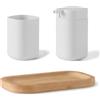 Inbagno Set Accessori Bagno 3 Pezzi Taki Bianco Con Vassoio In Bambù, Dispenser E Portaspazzolino In Plastica Con Finitura Opaca