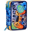 SJ GANG STYLE JAM GANG Astuccio Scuola 3 zip JOYFUL PINS BOY, Blu, Triplo Scomparto, 45 pezzi, Portapenne Attrezzato, Completo di matite, penne e colori, Accessori Zaino, Scuola elementare, Bambino