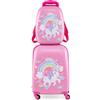 RELAX4LIFE Set Valigia Bambini 2 in 1 Unicorno Arcobaleno Rosa Fucsia (Trolley16 + Zaino 12) con Ruote 360°, Maniglia Regolabile, Zaino con Piedini | ABS Resistente | per Viaggi e Scuola
