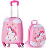 GYMAX Set di Valigia per Bambini, Trolley Bagaglio di 2 Pezzi a Mano Cavalcabile con Cinghia e Tracolla, Valigia Rigida con Ruote e Zaino, Regalo per Bambino e Bambina (12+16, Unicorno Colorato)