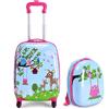 RELAX4LIFE Set Valigia Bambini 2 in 1 Animali Foresta Azzurro Fucsia (Trolley16 + Zaino 12) con Ruote 360°, Maniglia Regolabile, Zaino con Piedini | ABS Resistente | Ideale per Viaggi e Scuola