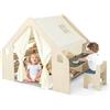 COSTWAY 6 in 1 Tenda per Bambini in Legno, Tenda Casetta da Gioco con Tavolo e Sedia, con Tappetino Lavagna e 6 Scatole Portaghiochi, Capanna per Bambini (Beige 98 x 145 x 113 cm)