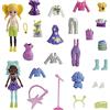 Polly Pocket Giocattolo da viaggio con due bambole da 7,5 cm e 25 accessori, pacchetto moda per esterni con 2 pezzi incandescenti