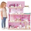 COSTWAY Casa delle Bambole in Legno, Casa Bambole con 4 Piani, 6 Stanze, Terrazza, Piscina e Scale, Casetta Giocattolo Educativo con 33 Mobili Accessori, per Bambini 3+ Anni, 63 x 25 x 78 cm (Rose)