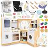 Mamabrum Cucina in Legno per Bambini 3+, Set XXXL con Luci LED, Caffettiera, Pentole, Frutta e Verdura | 50 Pezzi di Accessori Giocattolo