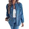 CHICME Camicia da donna in denim impreziosita con strass perla 2025 a maniche lunghe button down colletto rovesciato jeans casual, Blu, XL