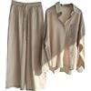 Vagbalena Donna Estate Lino Due Pezzi a Vita Alta Pantaloni Eleganti Pulsante Maniche Lunghe Camicia Risvolto Top + Pantaloni a Gamba Larga Abbigliamento Casual Set Loungewear (Grigio,XL)