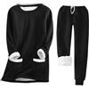 shownicer Donna Lungo Pigiama 2 Pezzi Pigiami Lunghi Autunno Inverno Manica Lunga Morbido Caldo Vello di Corallo Camicia Top e Pantaloni Biancheria da Notte A Nero XXL
