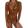 CHYRII - Costume da bagno intero da donna, sexy, con lacci, schiena scoperta, taglio alto, monokini, Marrone, L