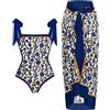 Generico Costume Bagno Parah Costumi Mare da Donna Donna Vintage Stampa Floreale Astratta 1 Pezzo Costumi da Bagno + 1 Pezzo Cover UP Costume da Bagno a Due Pezzi con Stampa Costumi da (Dark Blue, M)