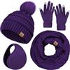 LOROME Cappello invernale, sciarpa, guanti e scaldaorecchie, caldo berretto lavorato a maglia, guanti touch screen, set regalo invernale sciarpe per il collo per le donne, Viola, 13*10.23 inch