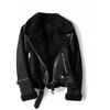 Valtorixia Giacca da donna in pelle invernale in finta pelliccia di agnello corta giacca da motociclista con risvolto cerniera bomber aviatore cappotto, Nero, S