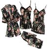Generisch 5 pezzi accappatoio in pizzo biancheria intima raso manica pantaloni pigiama vestiti guardaroba set tazza sexy, Nero , L