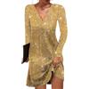 shownicer Vestito Donna Eleganti Manica Lunga Paillettes Brillante Abito Casuale Tinta Unita Scollo A V Midi Abiti da Sera Festa Cocktail A Argento L