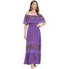 IMEKIS Abito messicano da donna, con motivo floreale, con ricamo, linea ad A, lungo, boho, da spiaggia, per Halloween, Carnevale, Lilla, S