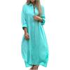 WOXIHUAN Abito Estivo da Donna, in Cotone Lino, a Maniche Lunghe, a Maniche Corte, Maxi Abito in Lino con Tasche, con Scollo a V, a Strati, Stile Boho, Casual, Stile retrò, Caftano Azzurro M