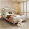 Zepneiy Lettino 90 x 190 con LED, letto imbottito 90 x 190 cm, con testiera regolabile, letto singolo, rete a doghe e schienale, struttura del letto in velluto Linen beige (senza materasso)