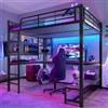 Lubvtti Letto a soppalco in ferro 140 x 200 con striscia LED,scrivania,presa USB+tipo C,pannello forato,diversi ripiani,letto a castello per bambini,struttura letto singolo (B-Nero 140)