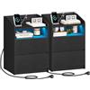 Hzuaneri Comodino Set di 2, 2 Cassetti, Luce LED, Presa Elettrica, Nero | 1 Vano Aperto, Comodini Camera da Letto, 2 Prese AC, 2 Porte USB, 35 x 40 x 58 cm, NS60104XEU
