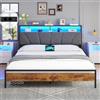 Brinlawb Letto Imbottito 180x200 cm, Struttura letto con Luce LED e Stazione di Ricarica (2 Prese CA 2 Porte USB) Letto Matrimoniale con testiera e pediera, Facile da montare, Moderno, Nero e Grigio