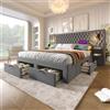 Dolamaní Moderno letto matrimoniale imbottito 180 x 200 cm con 2 comodini e 4 cassetti, letto con vano portaoggetti e rete a doghe, testiera con luce di lettura USB e LED, velluto, senza materasso