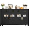 FirFurd 140 cm Credenza Cucina, Credenza Soggiorno con 4 Ante in Vetro, Mobile Cucina a Ripiani Regolabili, Mobiletto Multiuso a 2 Ampi Cassetti, per Soggiorno, Sala da Pranzo, 140x39x90cm (Nero)