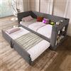 SACOOL Letto da giorno 90 x 200 cm, divano letto singolo con letto estraibile, braccioli con porta di ricarica USB e tipo C e porta bevande, tessuto misto lino, grigio, senza materasso.