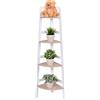 HOMASIS Scaffale angolare aperto a 4 livelli, decorativo in legno, in piedi per soggiorno, bagno, balcone, stoccaggio per piante, bianco e naturale