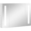 kleankin Specchio Bagno Contenitore, Armadietto con Specchio da Bagno a Parete in MDF con 3 Armadietti, 3 Ripiani e Luce LED, 90x15x65 cm, Bianco