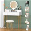 ALFORDSON Tavolo da toeletta con specchio a LED, altezza 132 cm, moderno set da toeletta con cassetti, pouf abbinato, color crema e oro, per piccoli spazi, camera da letto, bianco