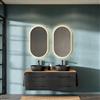Planetmöbel LUX Set di mobili da bagno, composto da lavandino con mobiletto alla base 140 cm sospeso, incl. 2 lavabi sopra piano 42 cm nero, mobiletto sotto lavabo Oro Rovere/Antracite