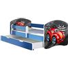 ACMA Letto per Bambino Cameretta per Bambino con Materasso Cassetto Rete a doghe II BLU (05 Macchinetta rossa, 140x70 + Cassetto)
