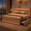 BLSYHDH Letto con contenitore 180x200 con LED, letto imbottito con 4 cassetti, letto imbottito con porte di ricarica USB e Type-C sul comodino, letto matrimoniale imbottito per 2 persone (Beige+lino-A