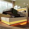 KUAKE Letto imbottito 90 x 200 cm, letto singolo a LED con rete a doghe, testiera con vano portaoggetti e funzione di ricarica USB e di tipo C, letto idraulico, schienale, tessuto di lino (beige, 90 x