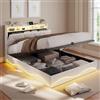 JYNVO Letto Matrimoniale 140x200 cm con Contenitore Idraulico, Giroletto con Luci LED RGB e Testiera Portaoggetti, Stazione di Ricarica USB/Type-C, Letto imbottito, Velluto, Beige